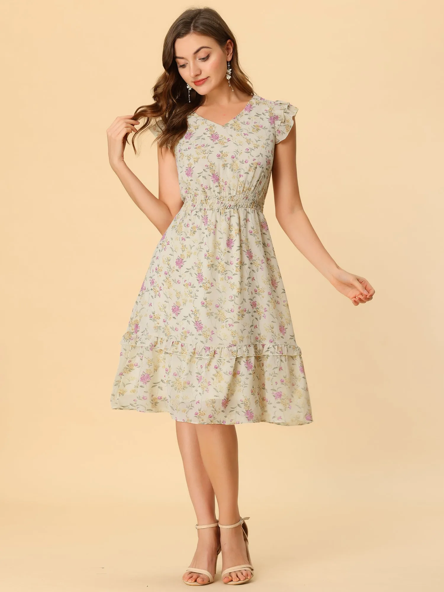 Floral Flutter Sleeve V Neck Smocked Ruffle Dress