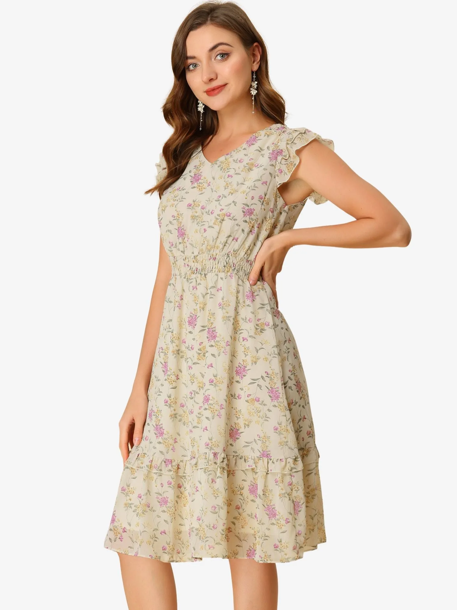 Floral Flutter Sleeve V Neck Smocked Ruffle Dress