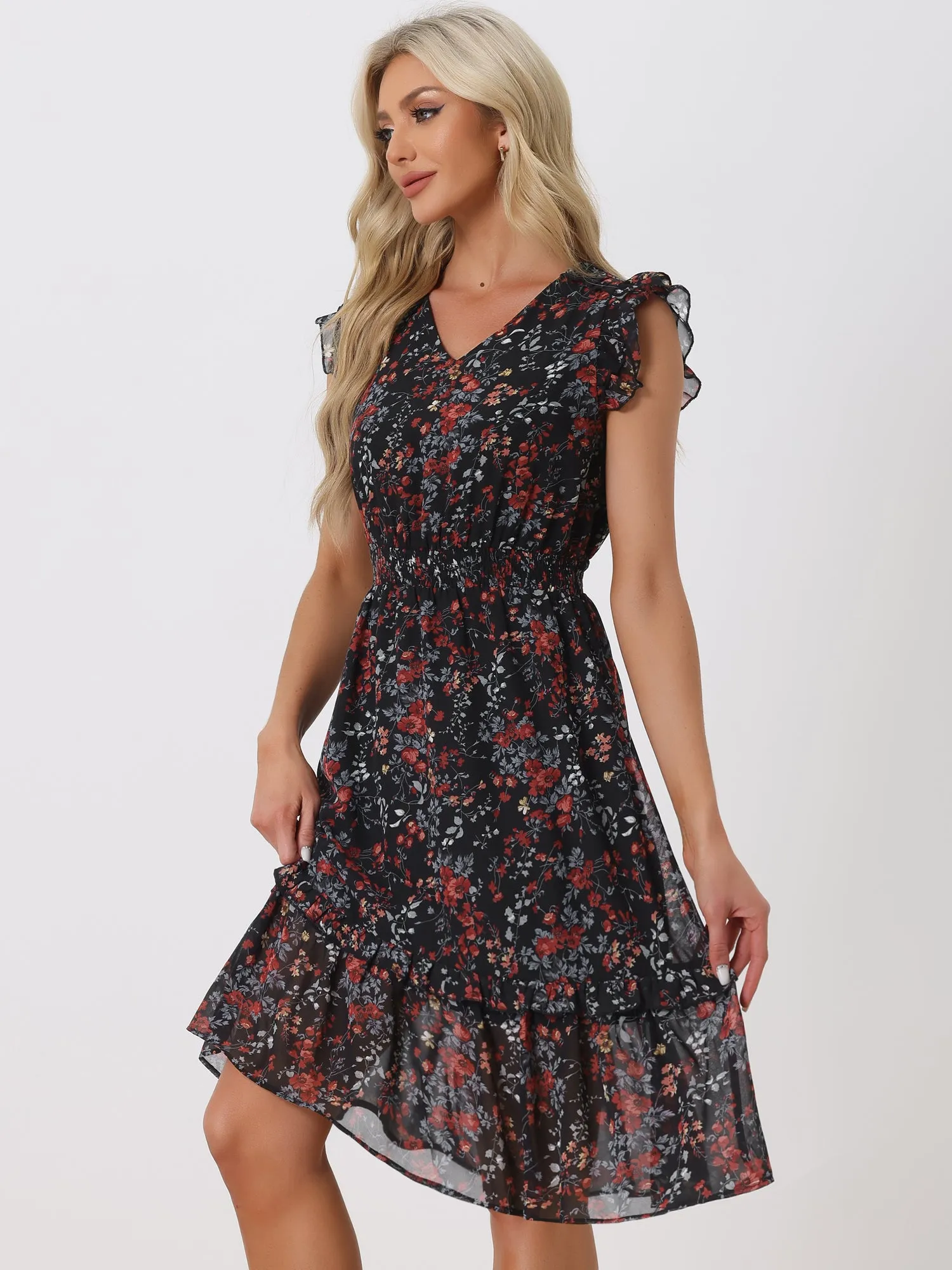 Floral Flutter Sleeve V Neck Smocked Ruffle Dress