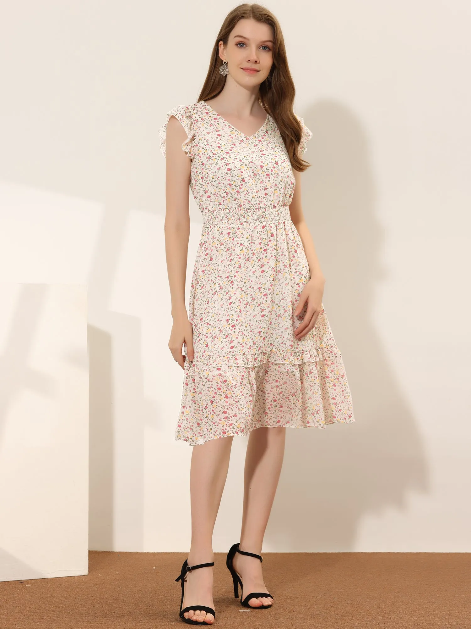 Floral Flutter Sleeve V Neck Smocked Ruffle Dress