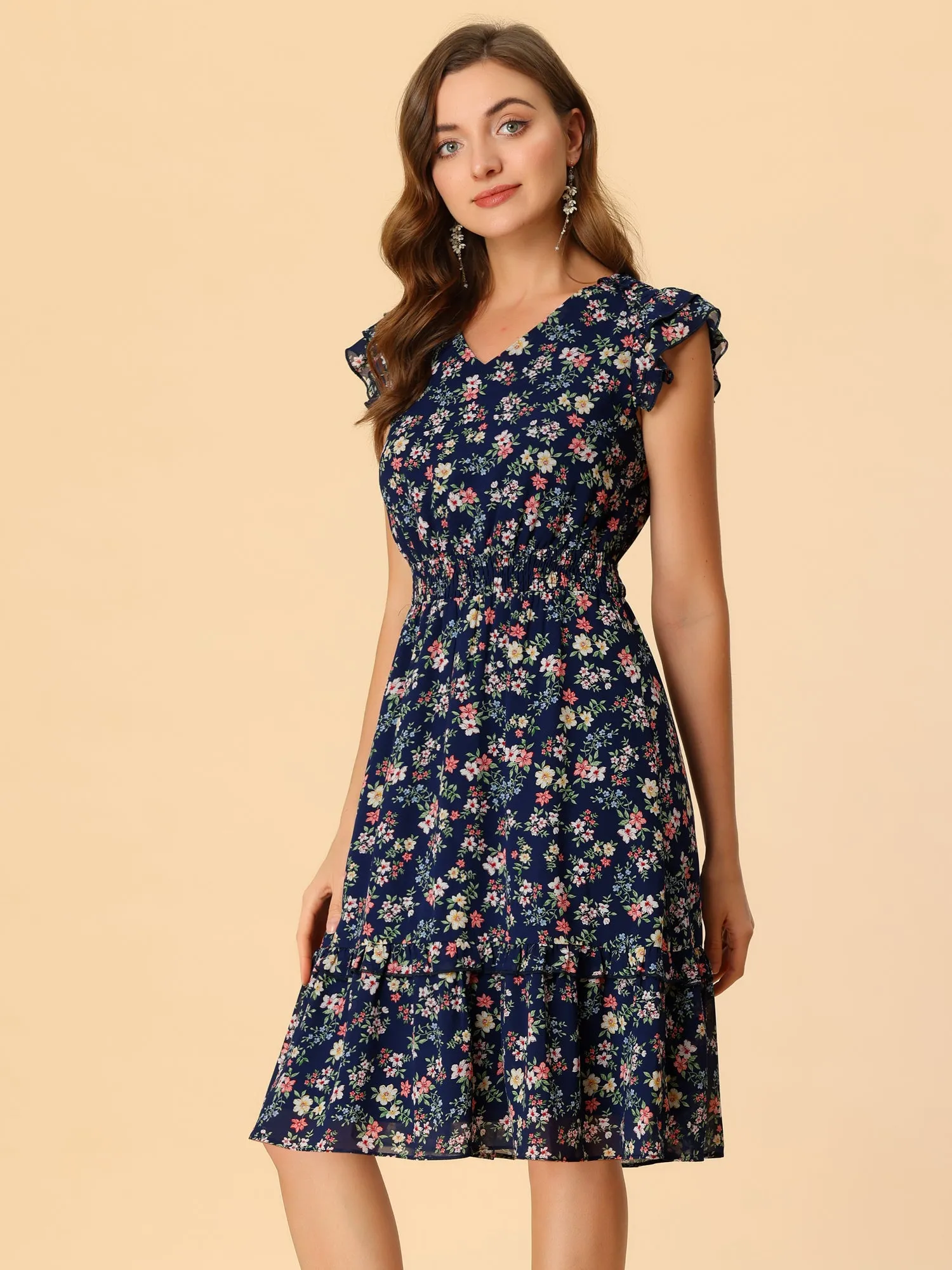 Floral Flutter Sleeve V Neck Smocked Ruffle Dress