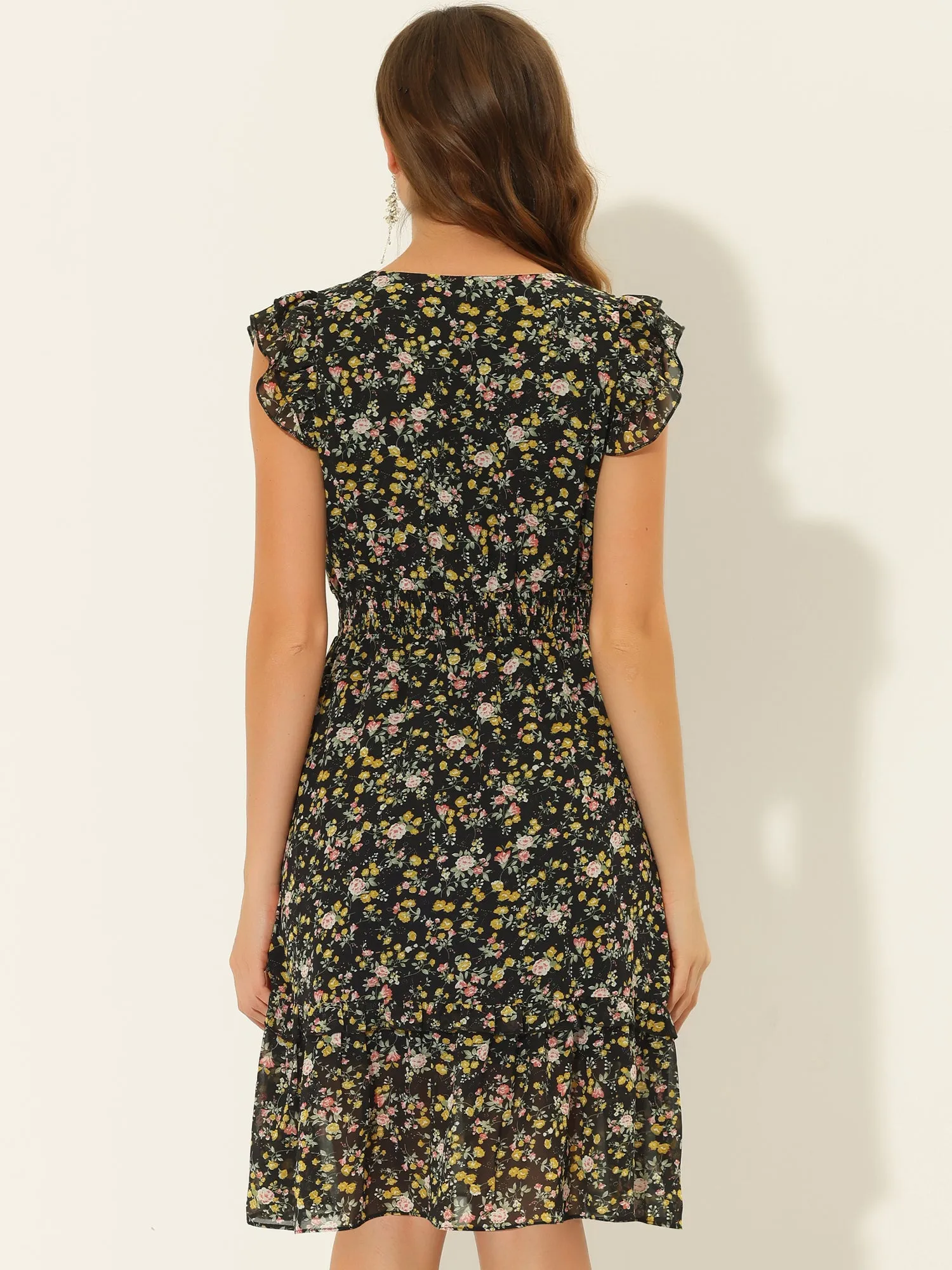 Floral Flutter Sleeve V Neck Smocked Ruffle Dress