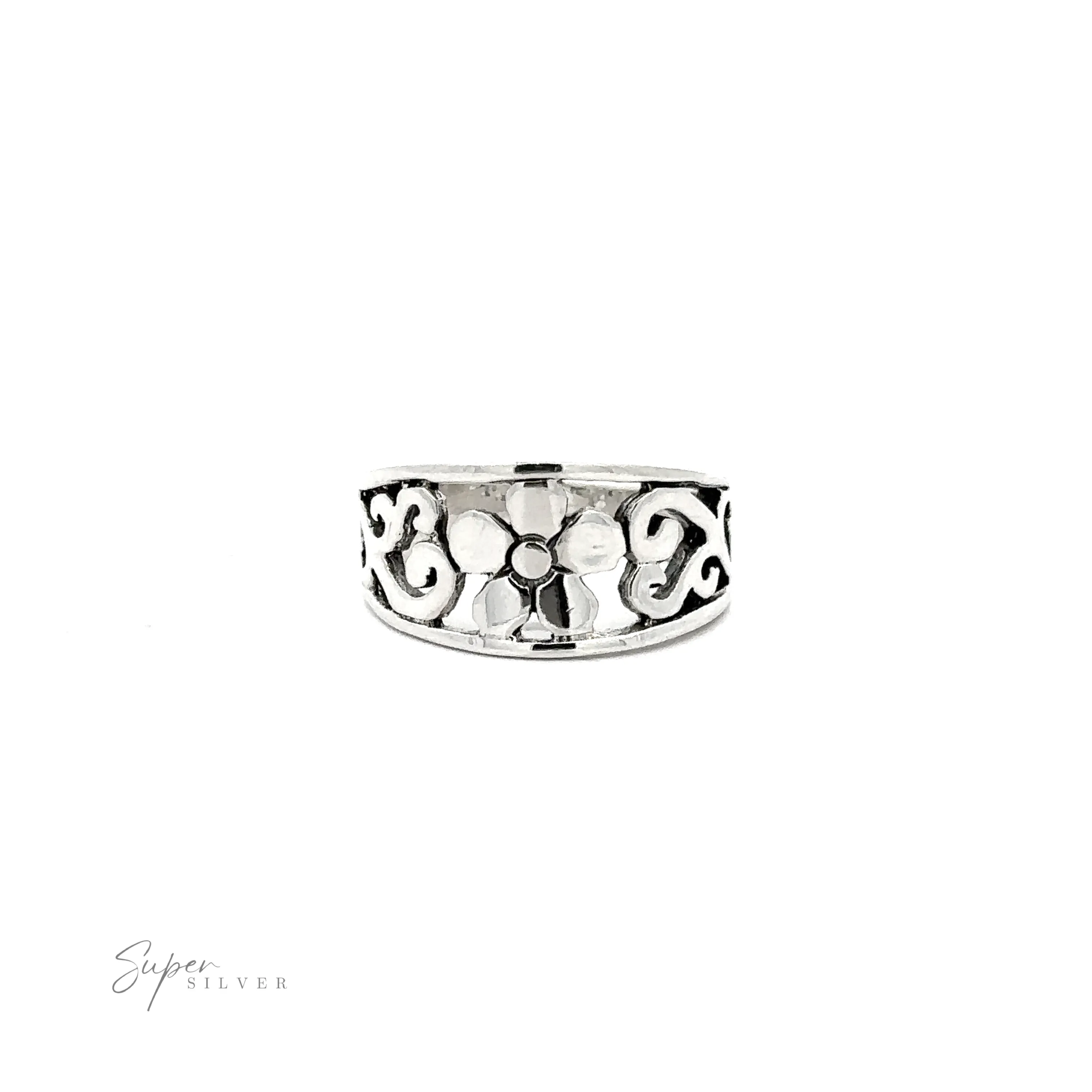 Flower Ring With Tapered Band and Swirls