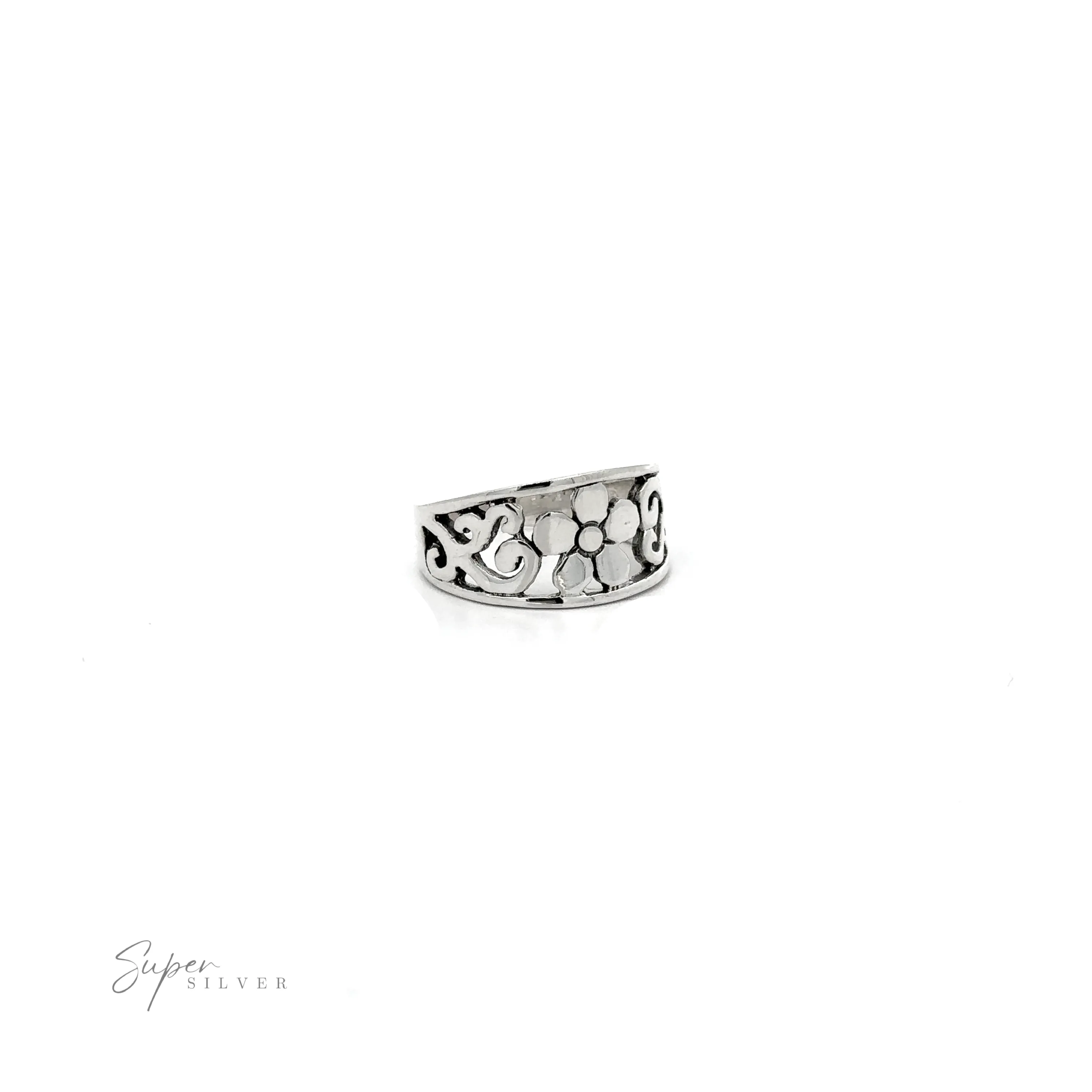 Flower Ring With Tapered Band and Swirls
