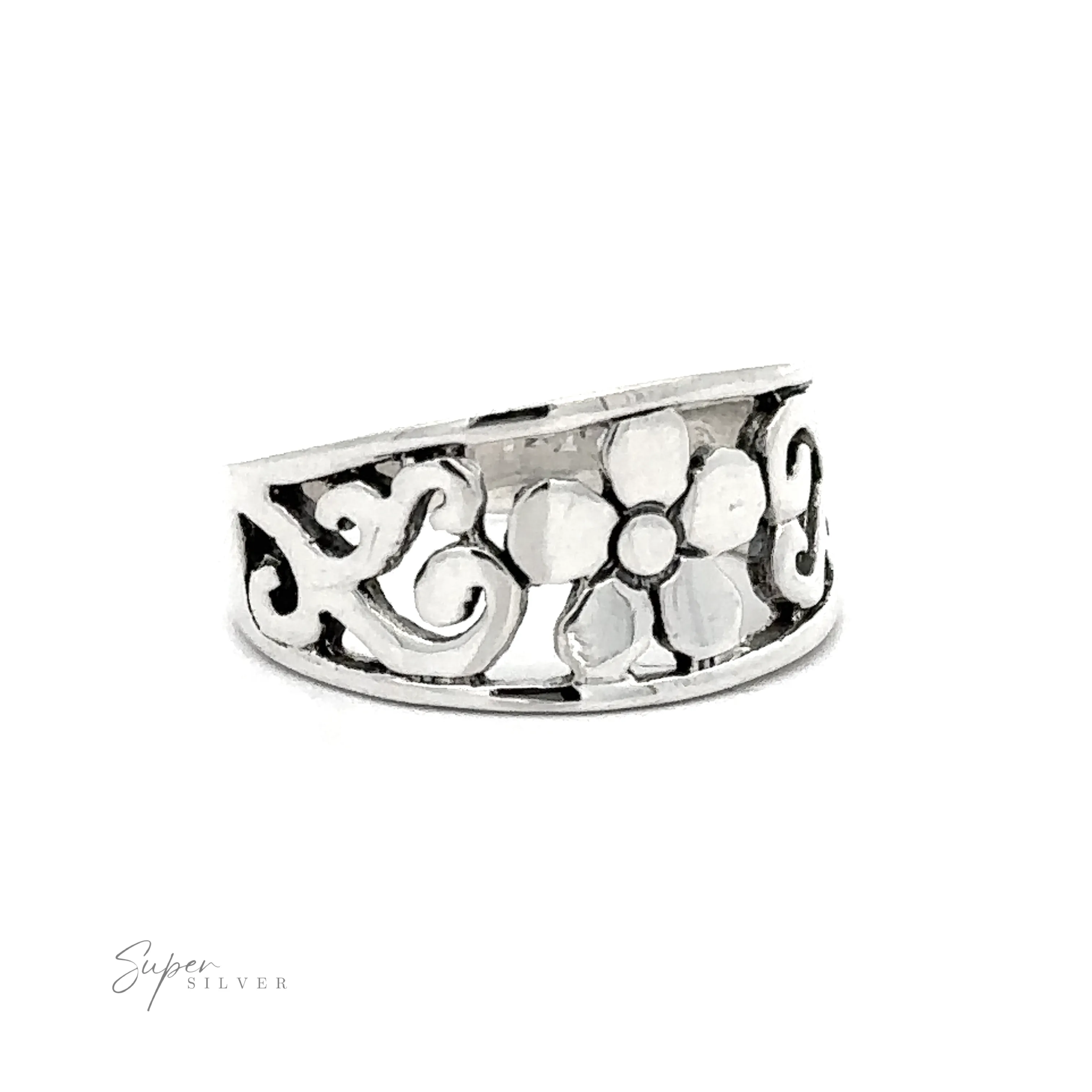 Flower Ring With Tapered Band and Swirls