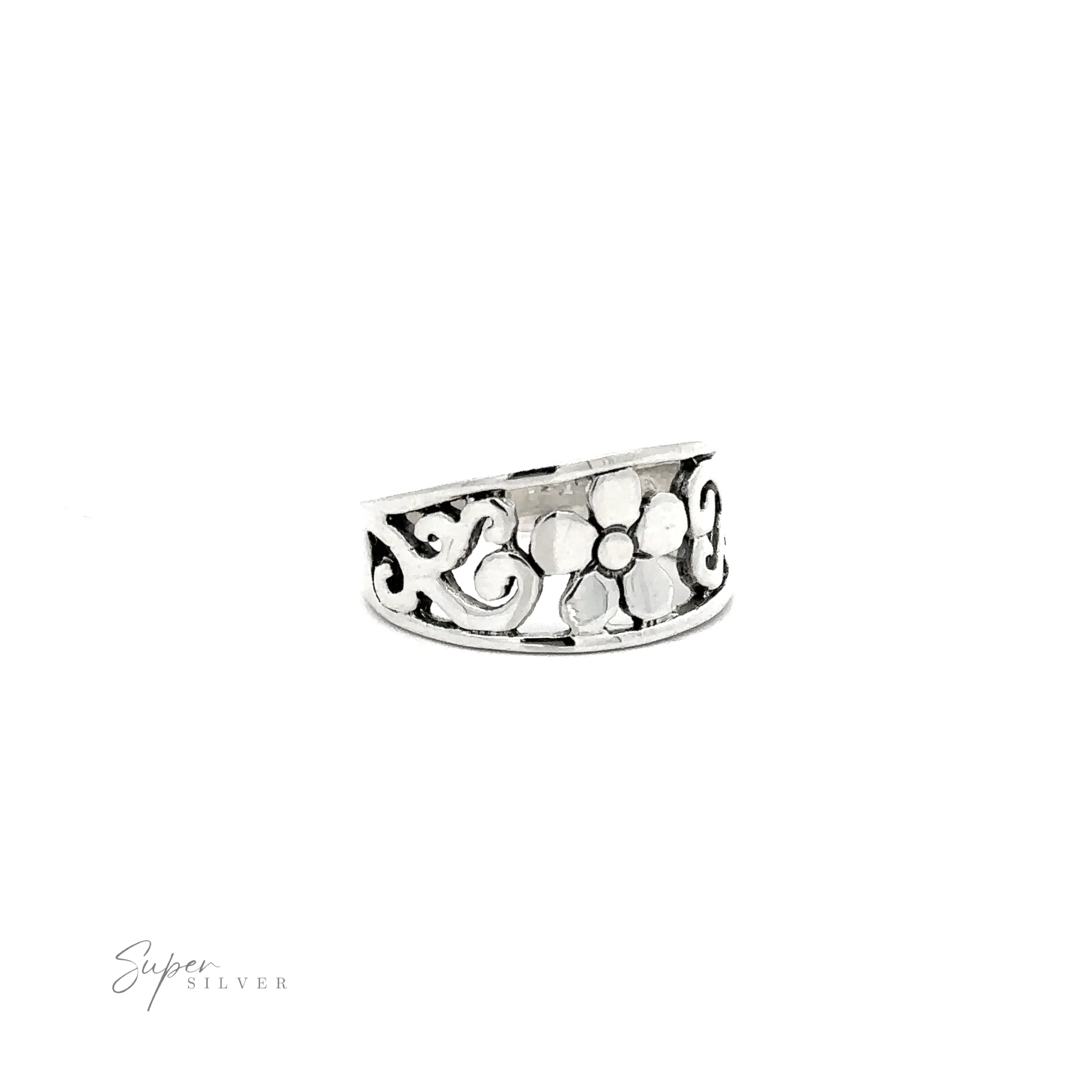 Flower Ring With Tapered Band and Swirls
