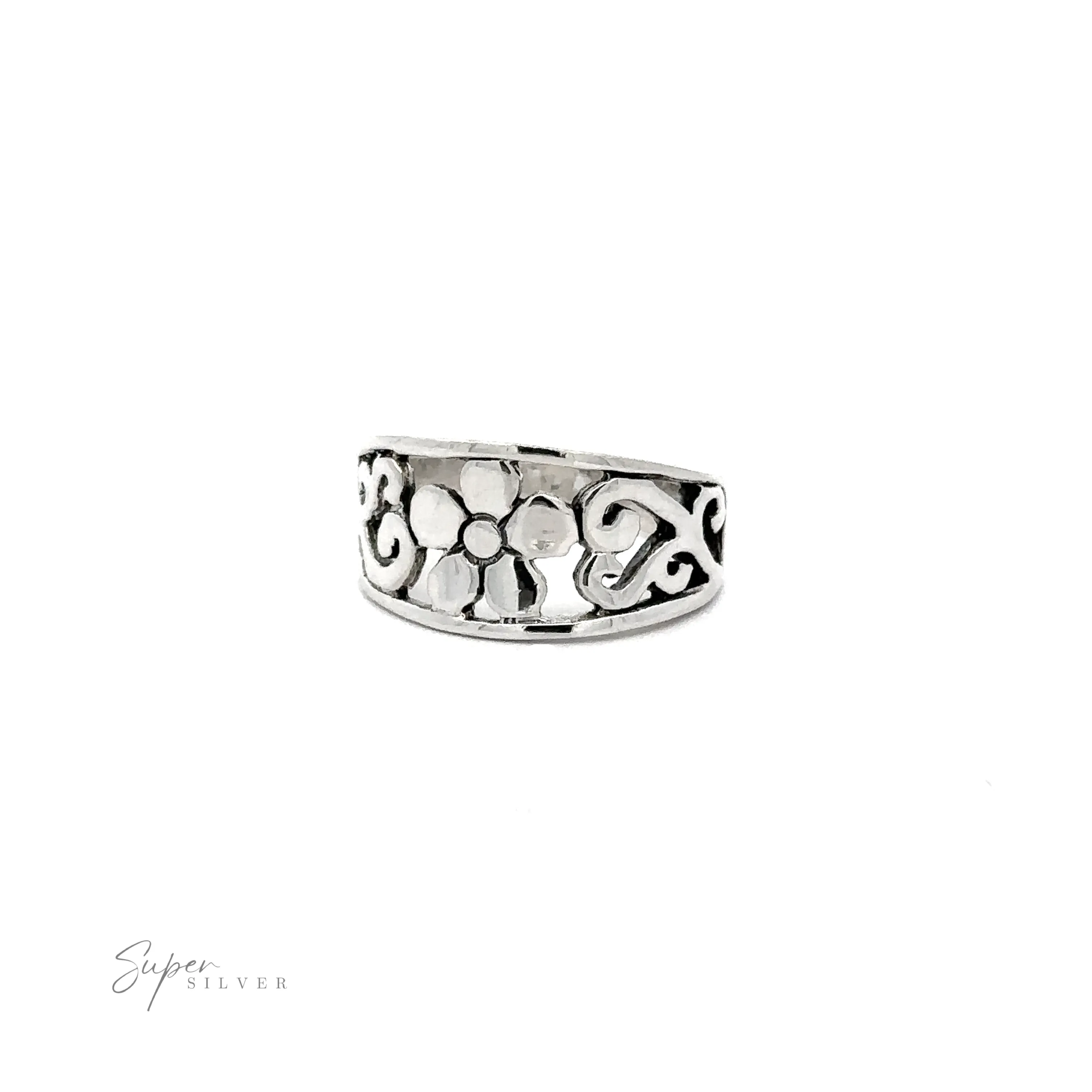 Flower Ring With Tapered Band and Swirls