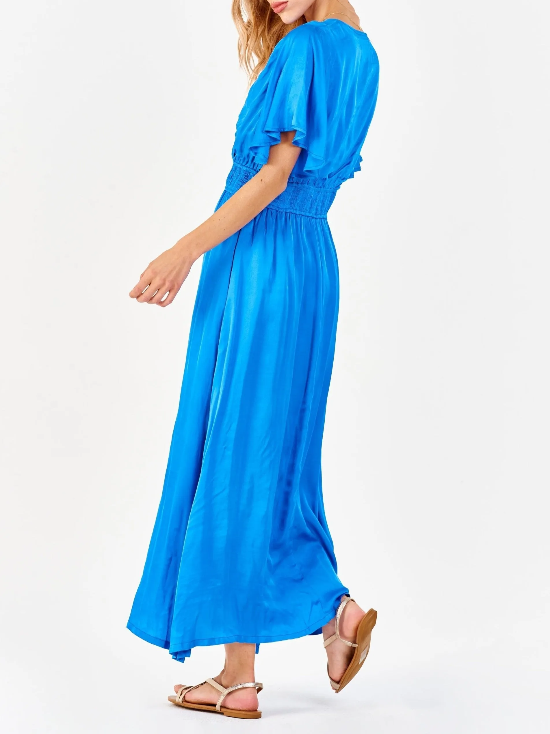 GAELA SMOCKED WAIST SILKY DRESS COBALT