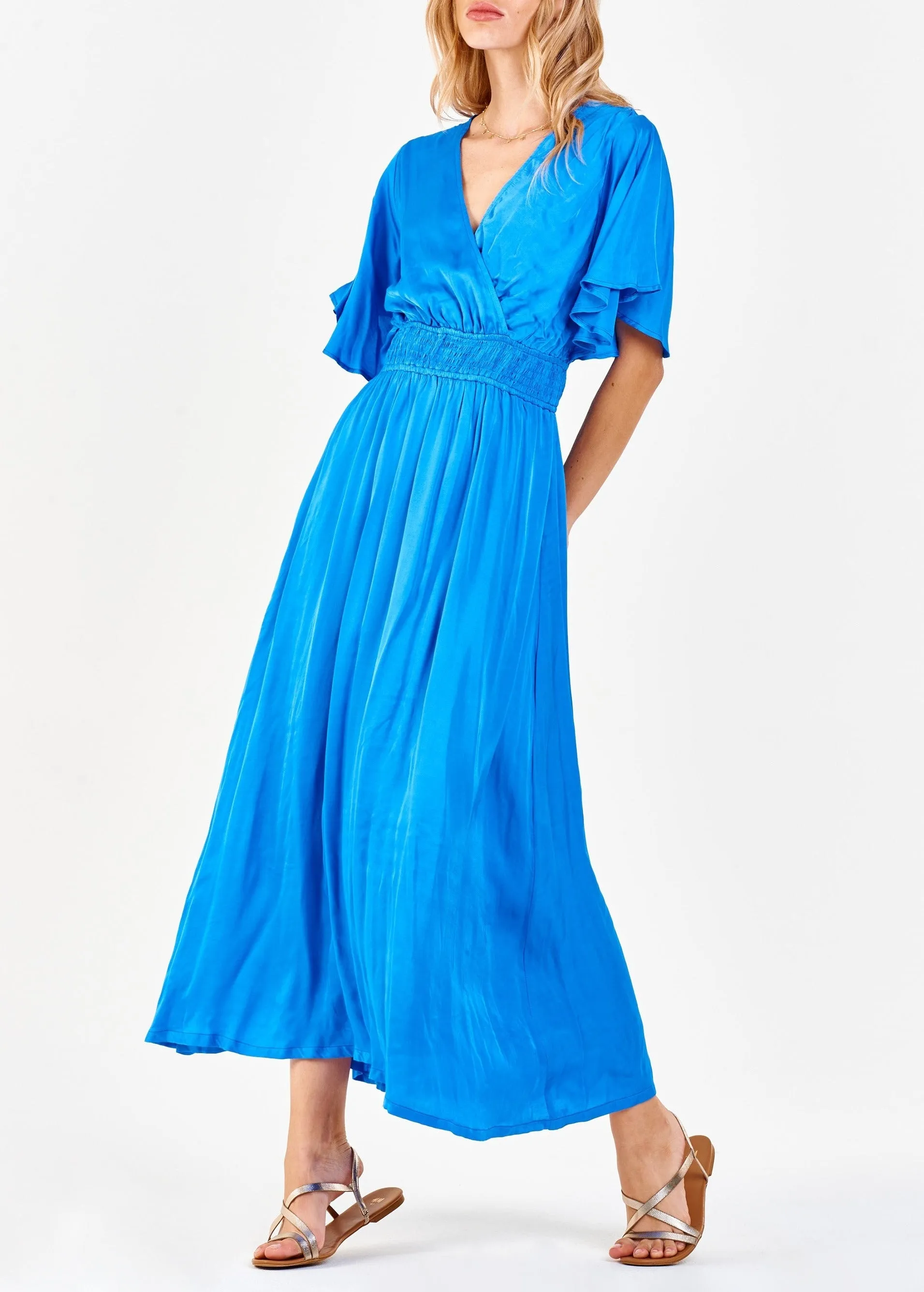 GAELA SMOCKED WAIST SILKY DRESS COBALT