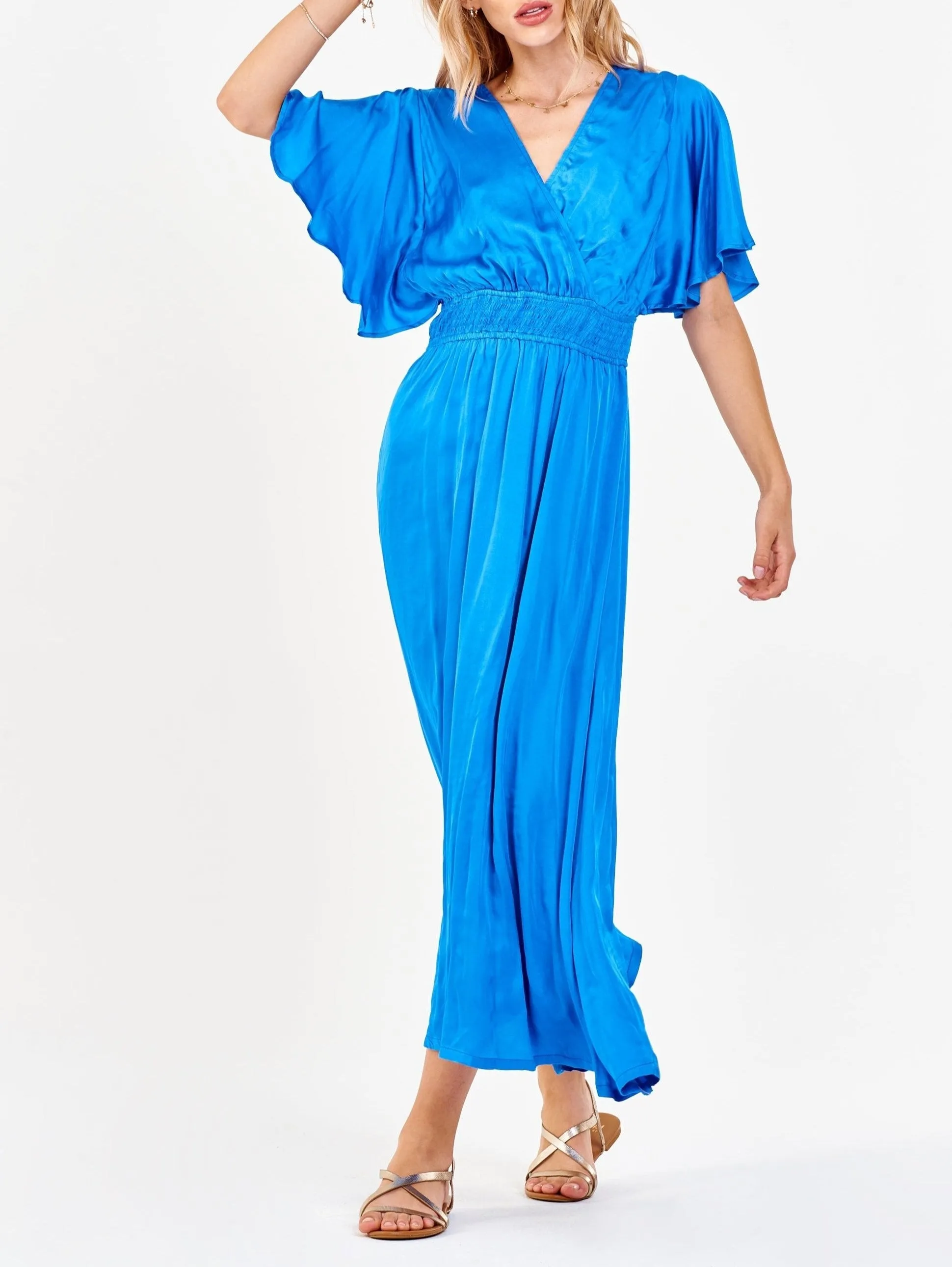 GAELA SMOCKED WAIST SILKY DRESS COBALT