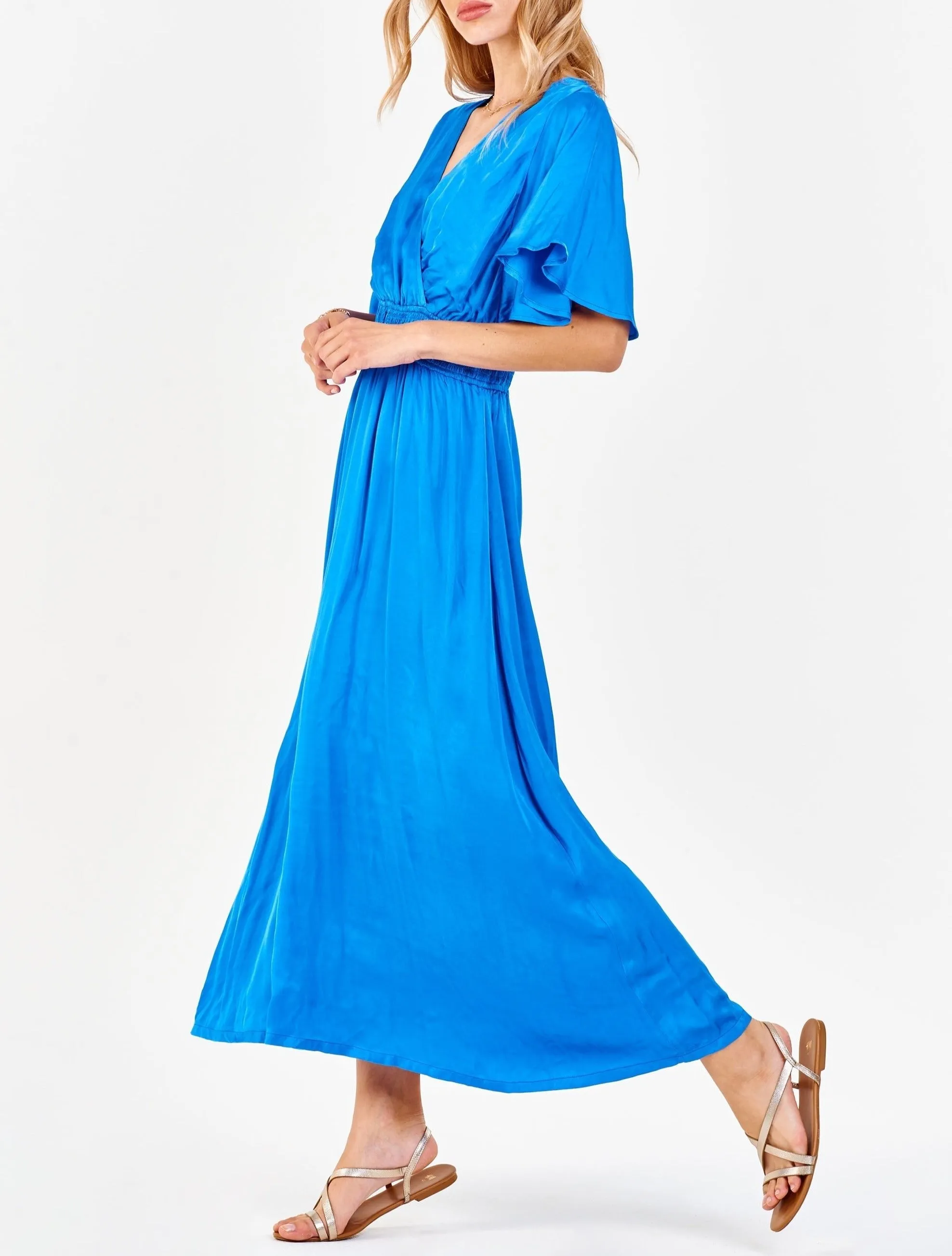 GAELA SMOCKED WAIST SILKY DRESS COBALT