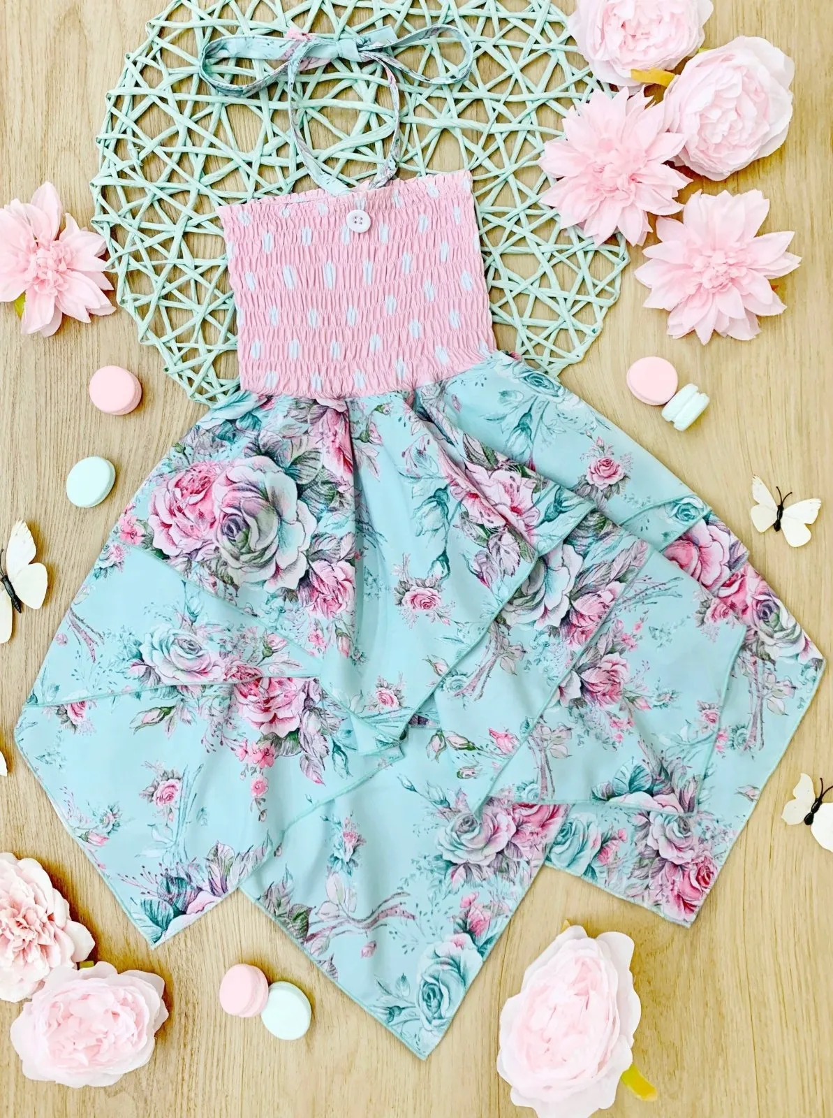 Girls Fancy Roses Smocked Handkerchief Dress