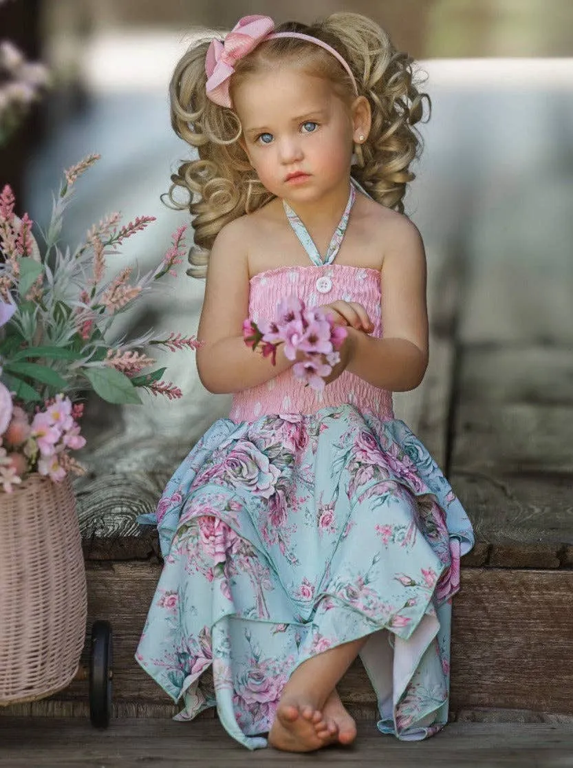 Girls Fancy Roses Smocked Handkerchief Dress