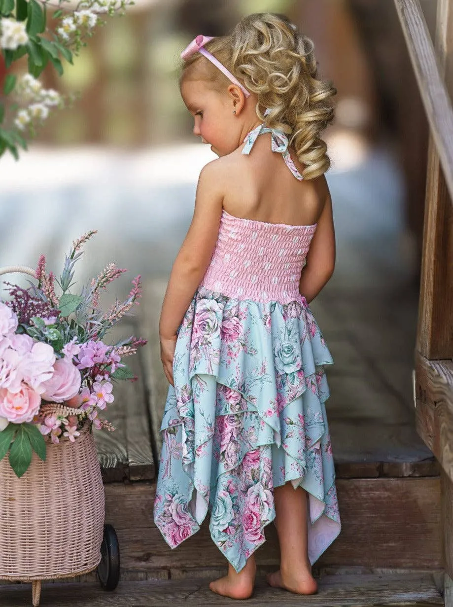 Girls Fancy Roses Smocked Handkerchief Dress