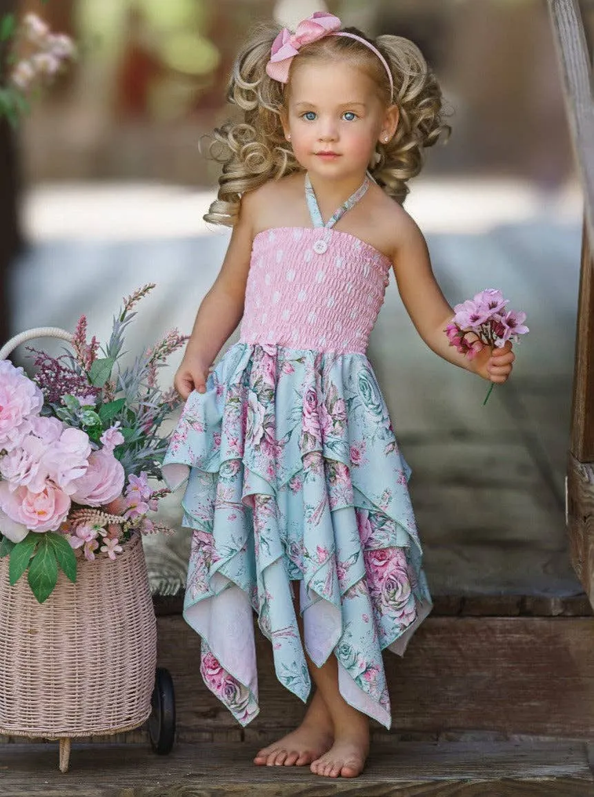 Girls Fancy Roses Smocked Handkerchief Dress
