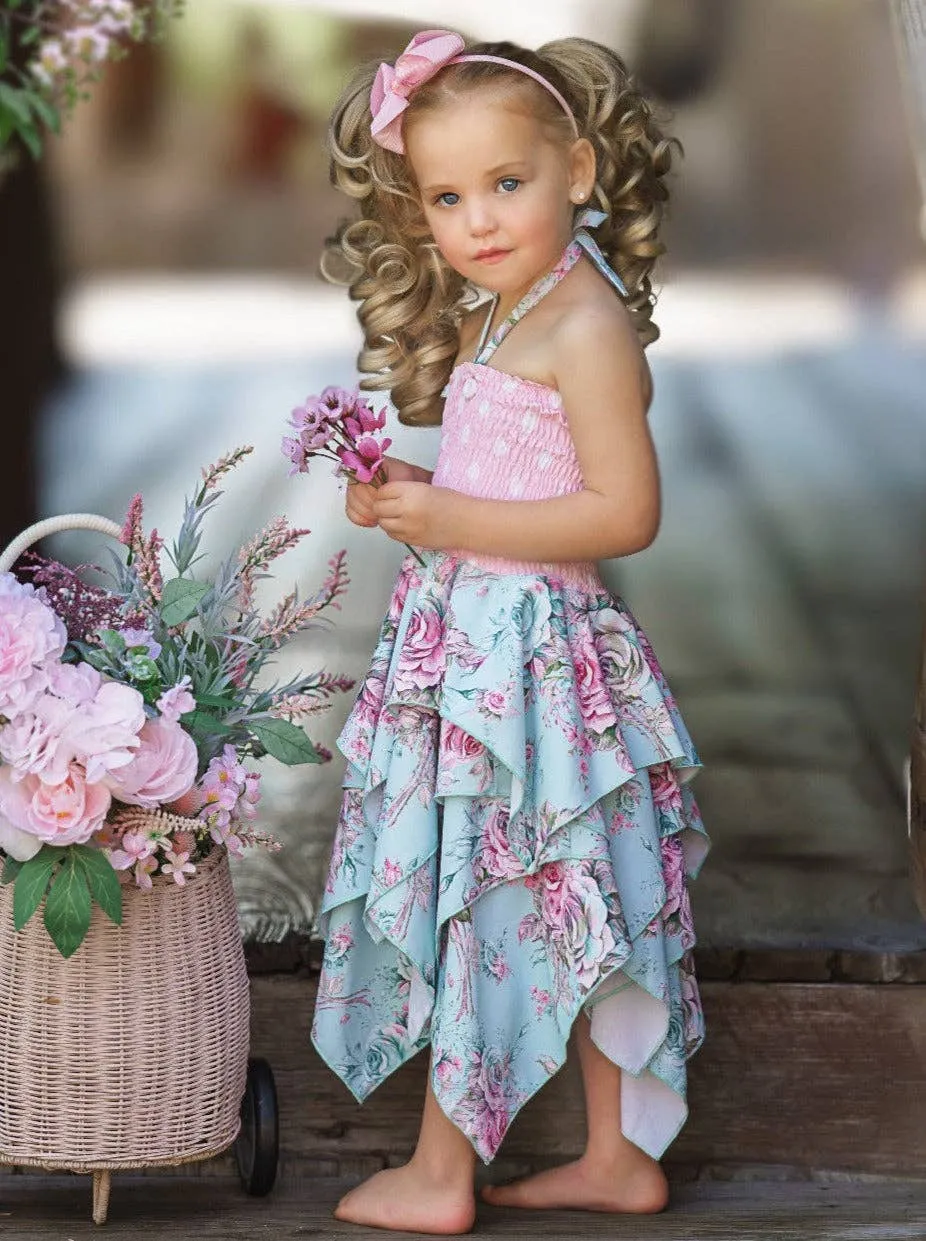 Girls Fancy Roses Smocked Handkerchief Dress