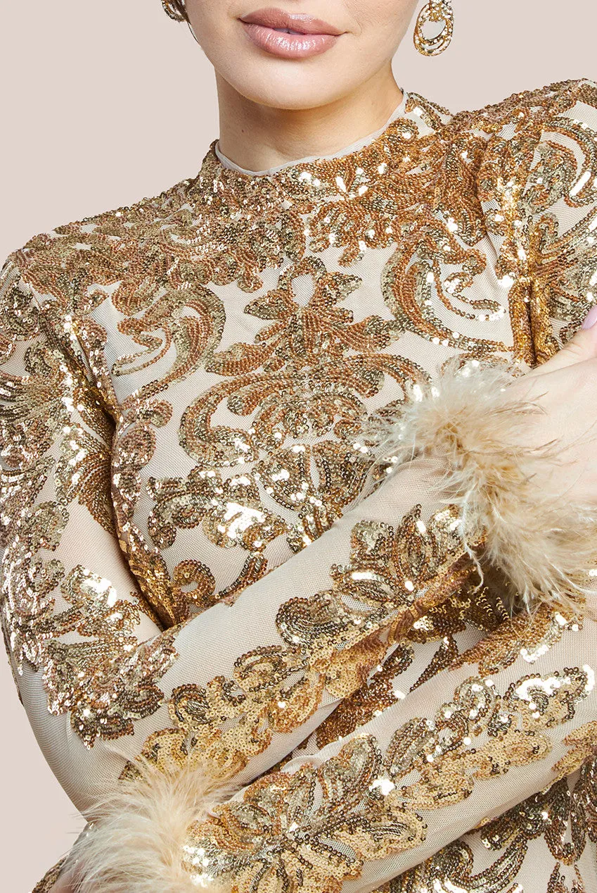 Goddiva Sequin High Neck Feather Cuff Maxi Dress - Gold