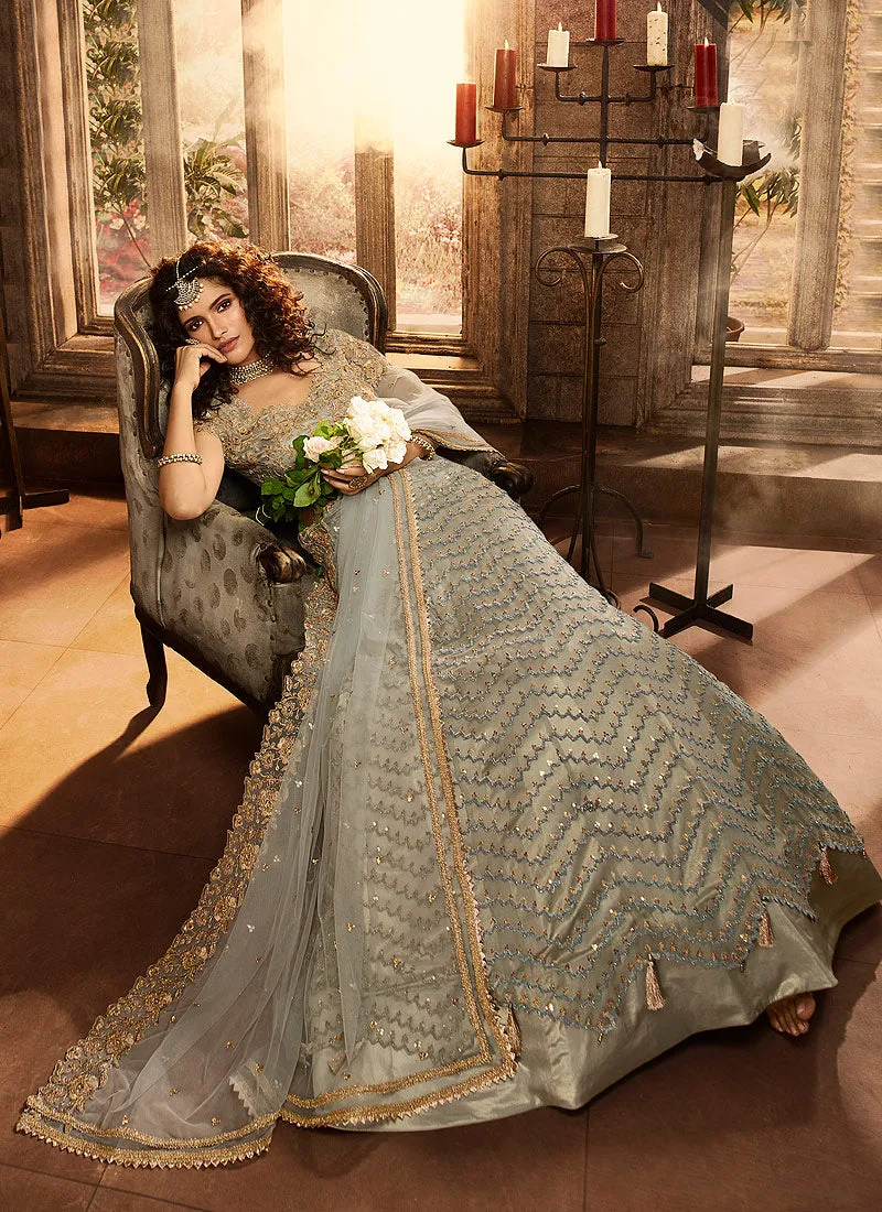Grey Zari Embroidered Lehenga Choli Set