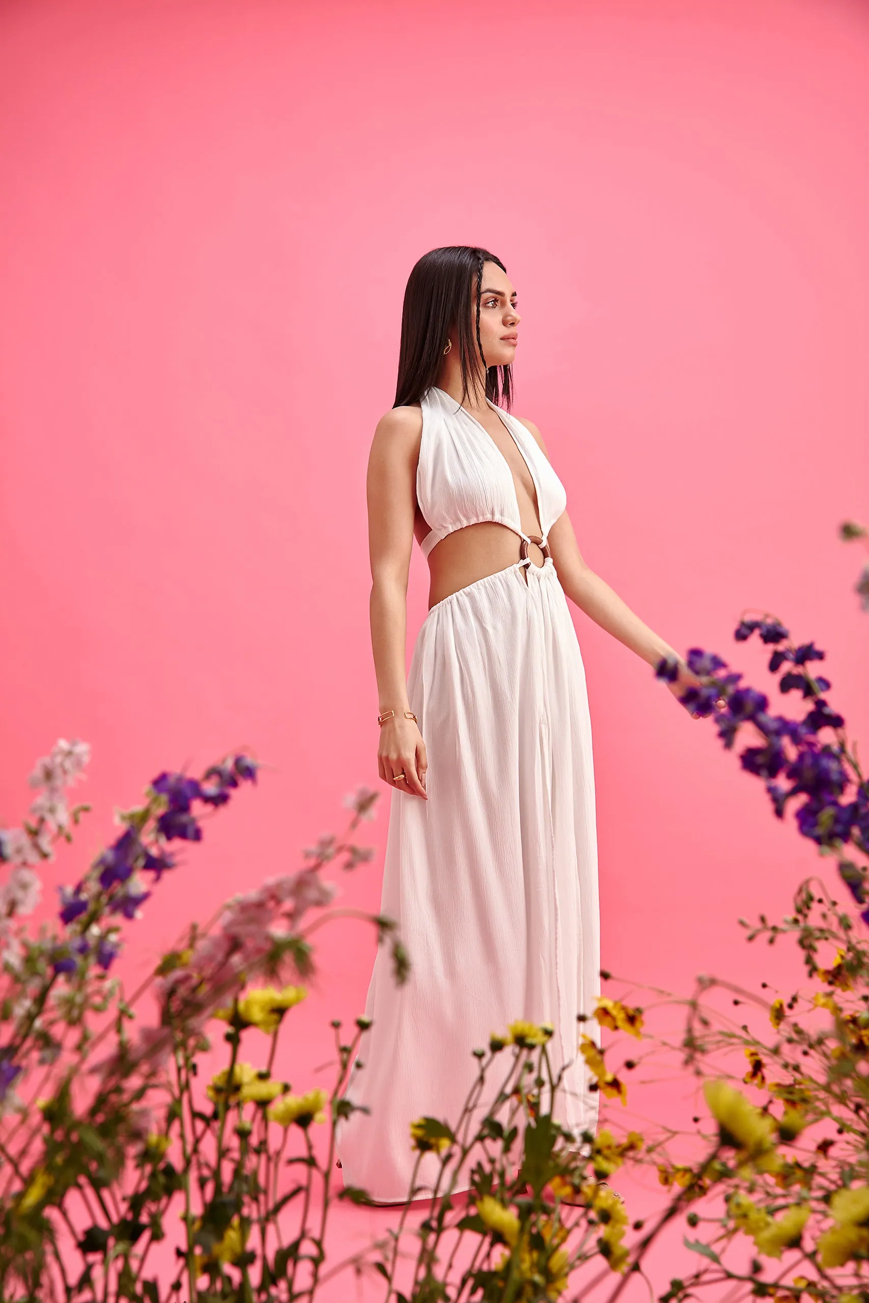 Halter Neck Maxi Dress with Wooden O-Ring