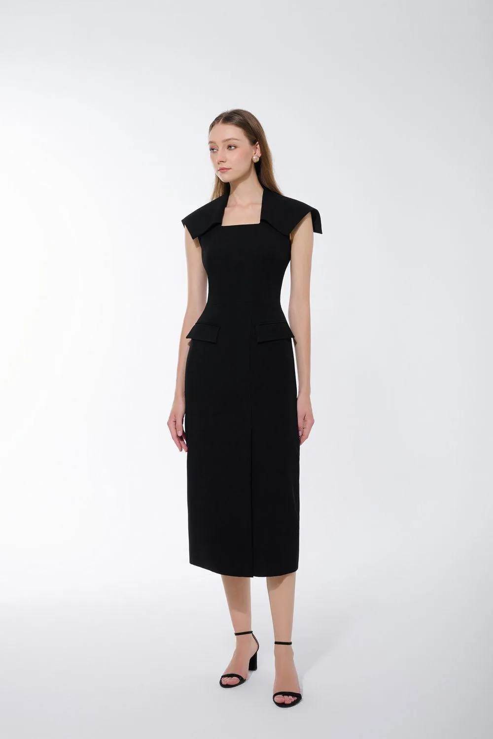 Hannah Pencil Cape Shoulder Twill Midi Dress