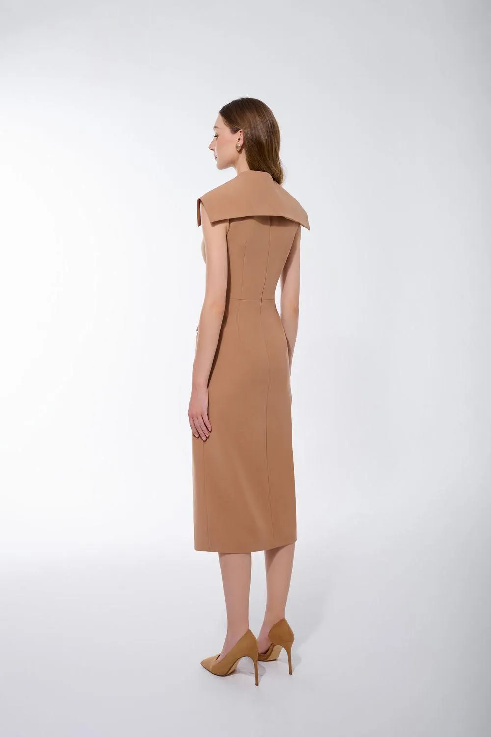 Hannah Pencil Cape Shoulder Twill Midi Dress