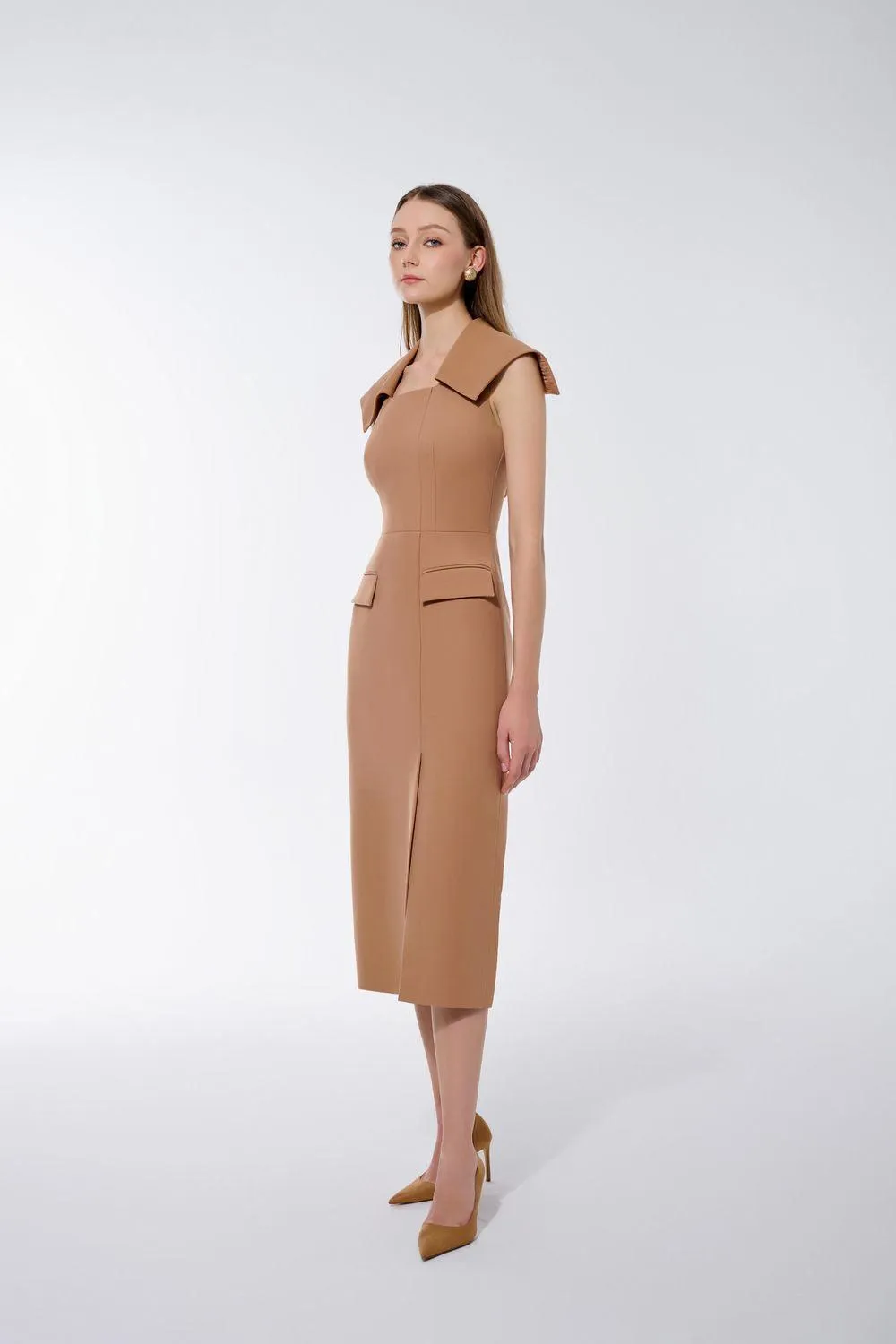 Hannah Pencil Cape Shoulder Twill Midi Dress