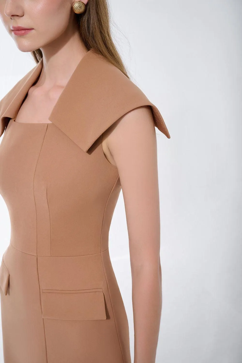 Hannah Pencil Cape Shoulder Twill Midi Dress