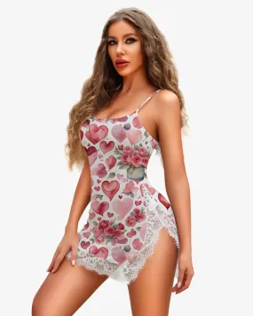Heart Rose Strap Lace Side Slit Mini Dress