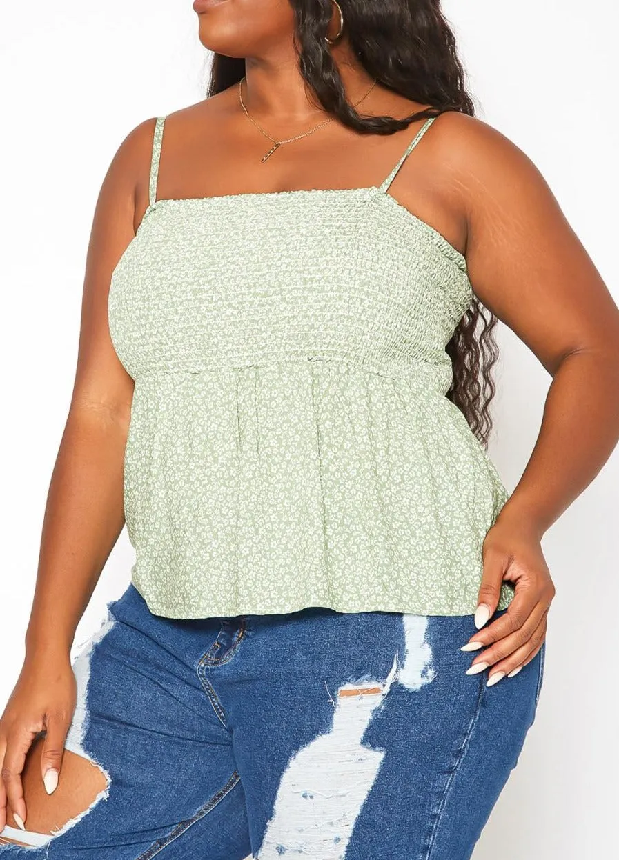 Hi Curvy Plus Size Women Dainty Floral Print Smocked Cami Top