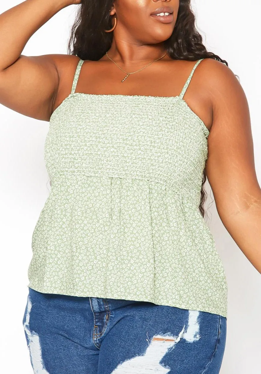 Hi Curvy Plus Size Women Dainty Floral Print Smocked Cami Top