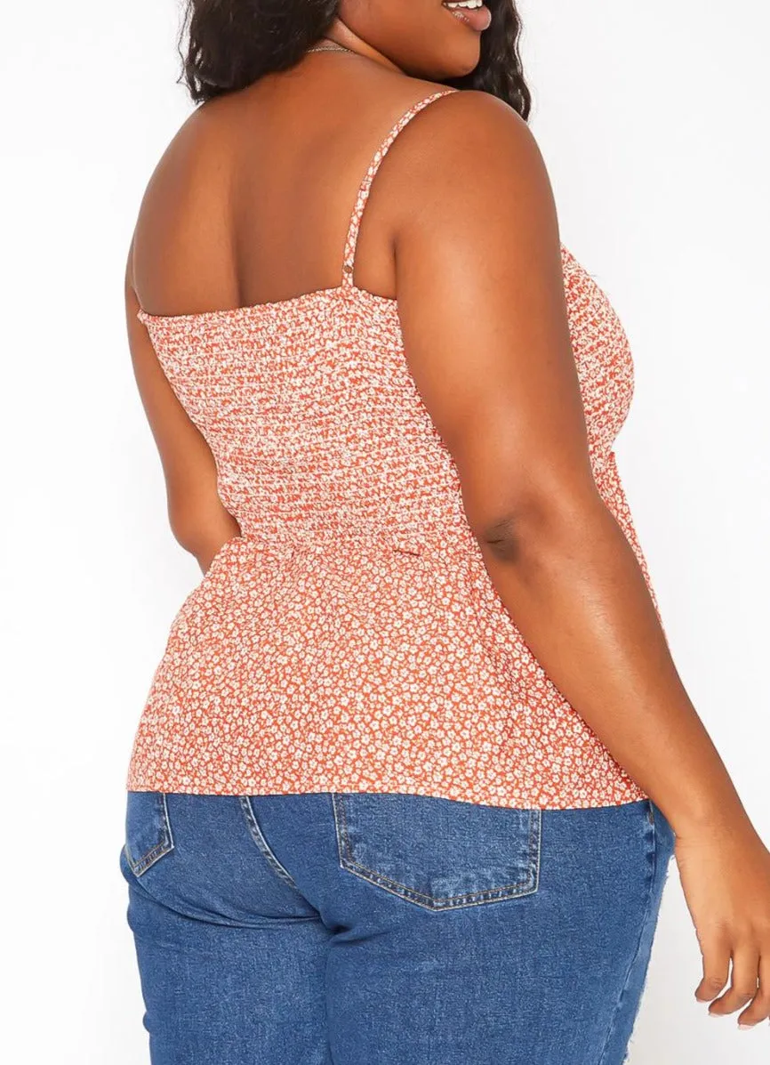 Hi Curvy Plus Size Women Dainty Floral Print Smocked Cami Top