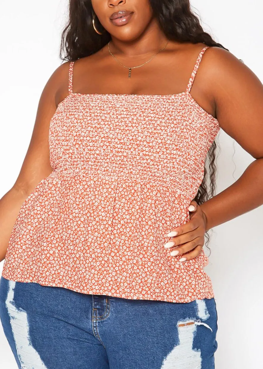 Hi Curvy Plus Size Women Dainty Floral Print Smocked Cami Top