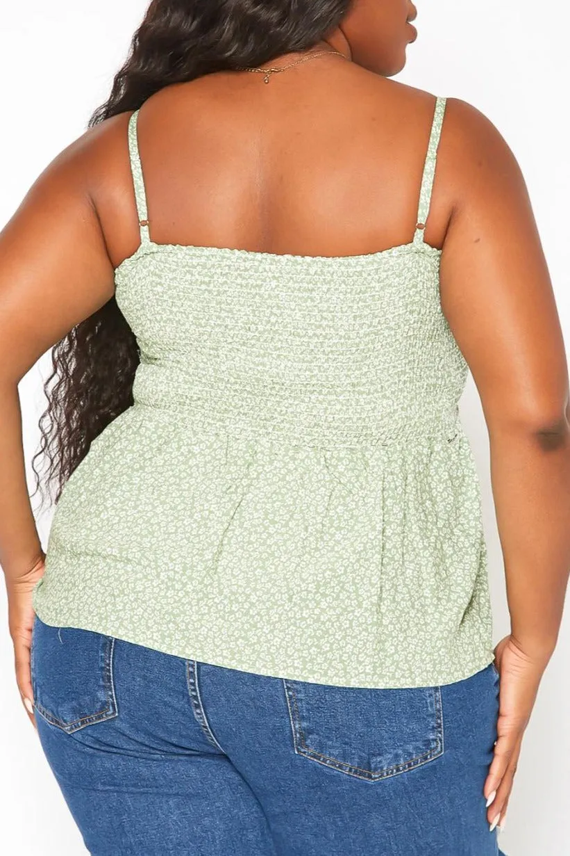 Hi Curvy Plus Size Women Dainty Floral Print Smocked Cami Top