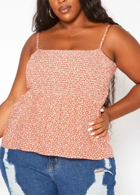 Hi Curvy Plus Size Women Dainty Floral Print Smocked Cami Top