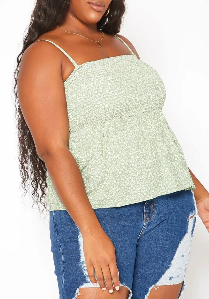 Hi Curvy Plus Size Women Dainty Floral Print Smocked Cami Top