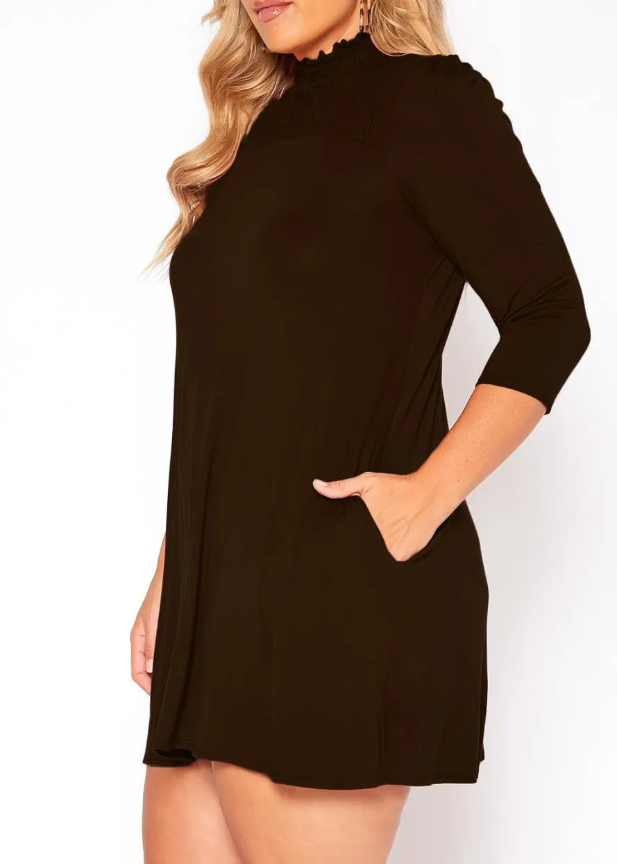 HI Curvy Plus Size Women Smocked Detail Mock Neck Mini Dress