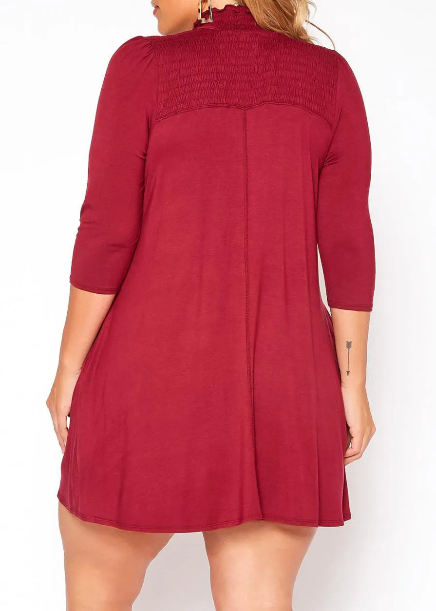 HI Curvy Plus Size Women Smocked Detail Mock Neck Mini Dress