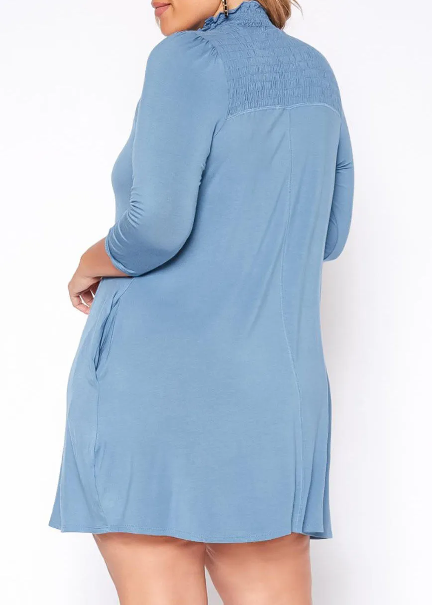HI Curvy Plus Size Women Smocked Detail Mock Neck Mini Dress