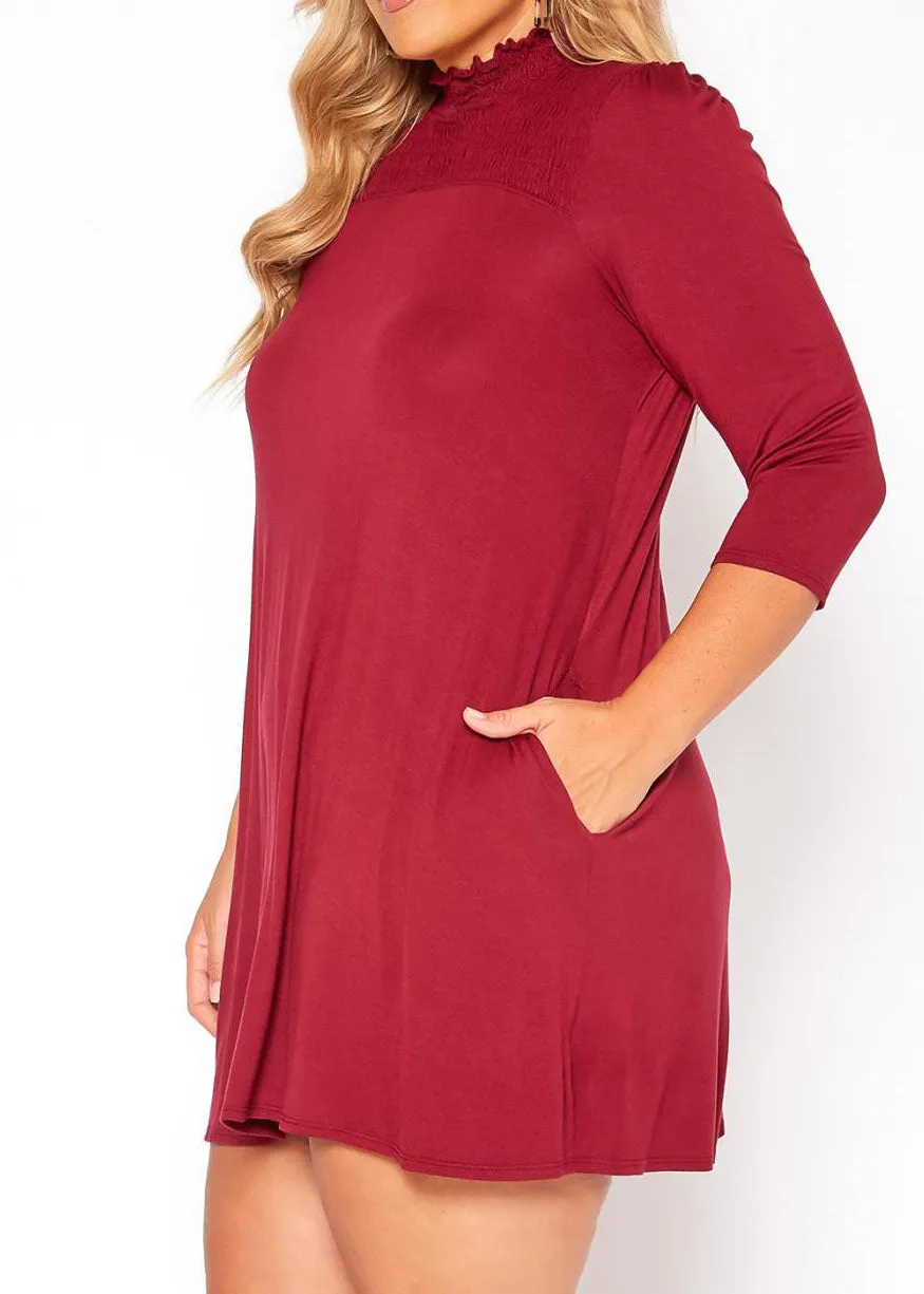 HI Curvy Plus Size Women Smocked Detail Mock Neck Mini Dress