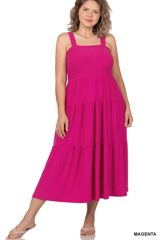 Hi Curvy Plus Size Women Smocked Tiered Midi Dress