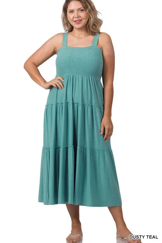 Hi Curvy Plus Size Women Smocked Tiered Midi Dress