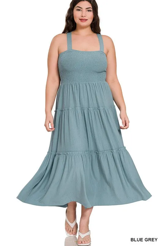 Hi Curvy Plus Size Women Smocked Tiered Midi Dress