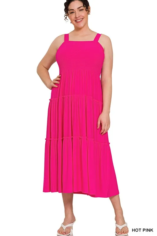 Hi Curvy Plus Size Women Smocked Tiered Midi Dress