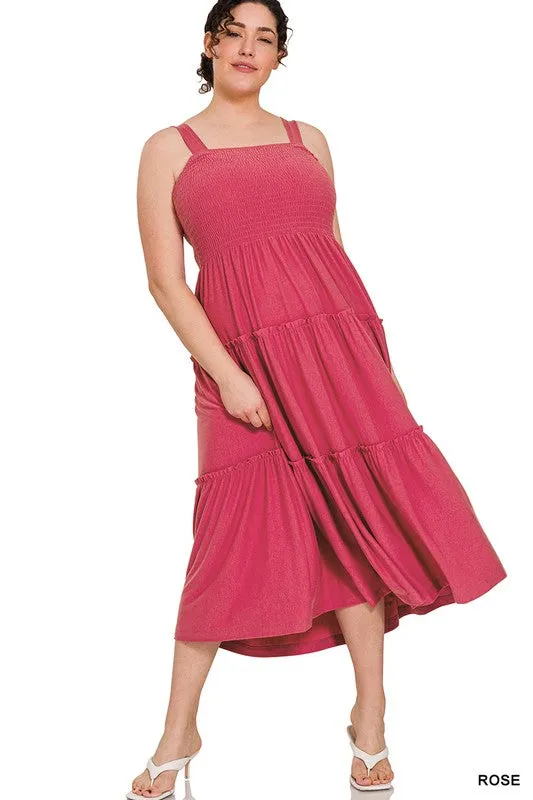 Hi Curvy Plus Size Women Smocked Tiered Midi Dress