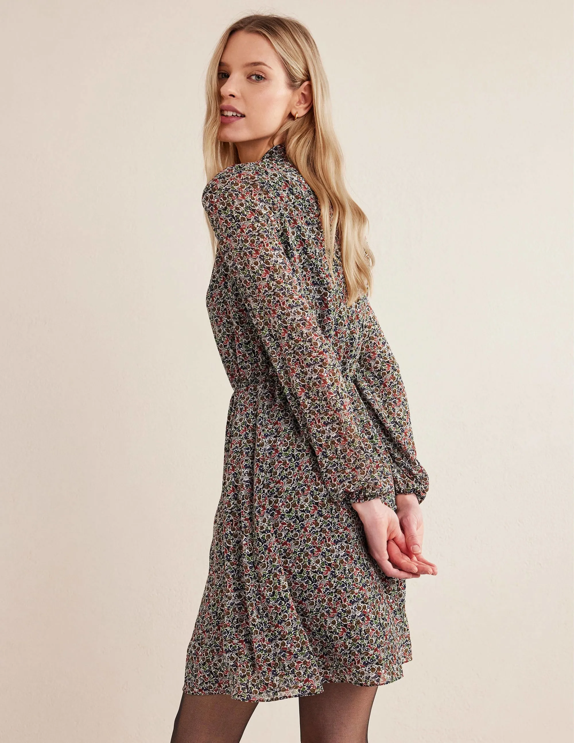 High Neck Flippy Mini Dress-Black, Petal Toile