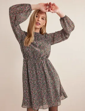 High Neck Flippy Mini Dress-Black, Petal Toile