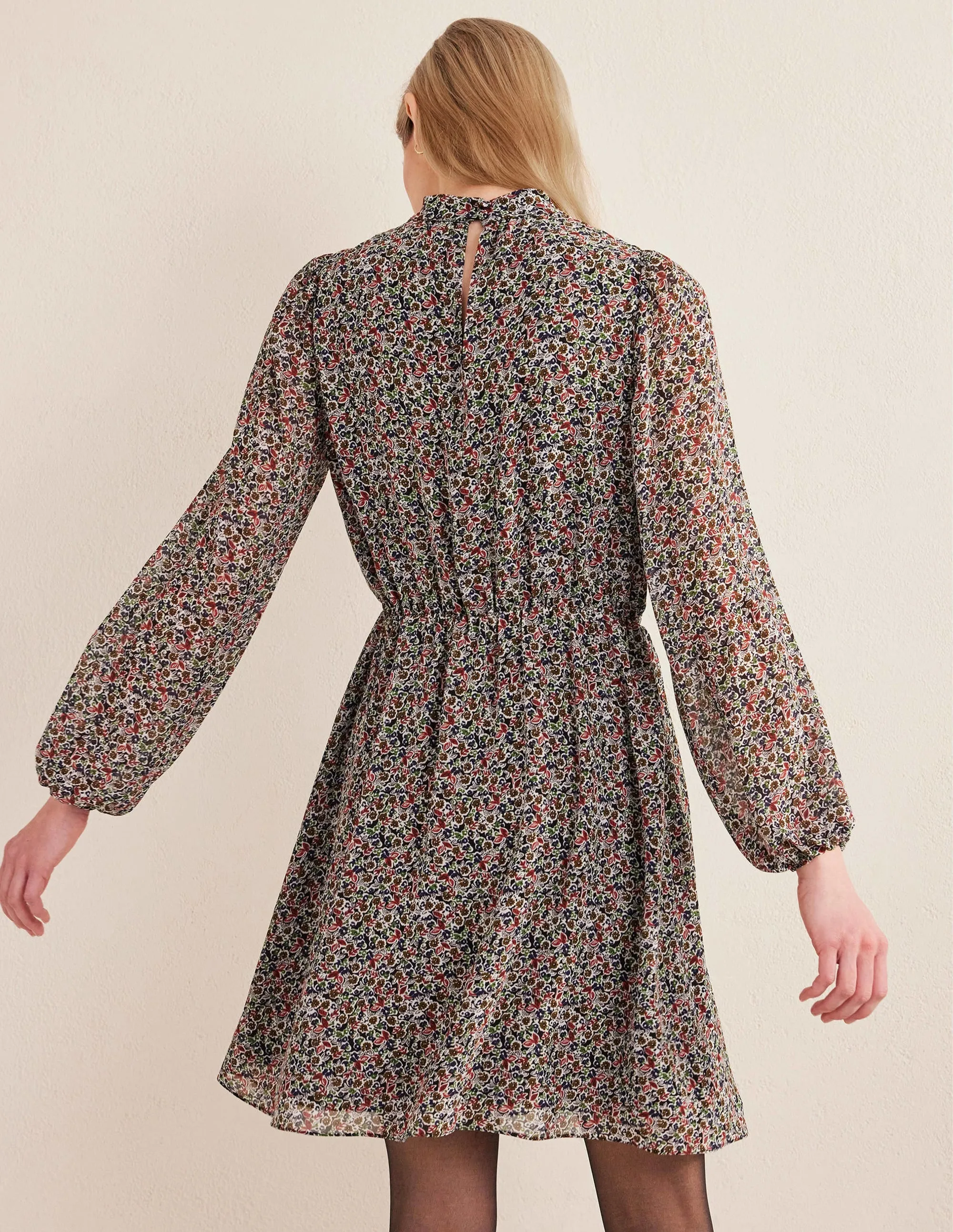 High Neck Flippy Mini Dress-Black, Petal Toile