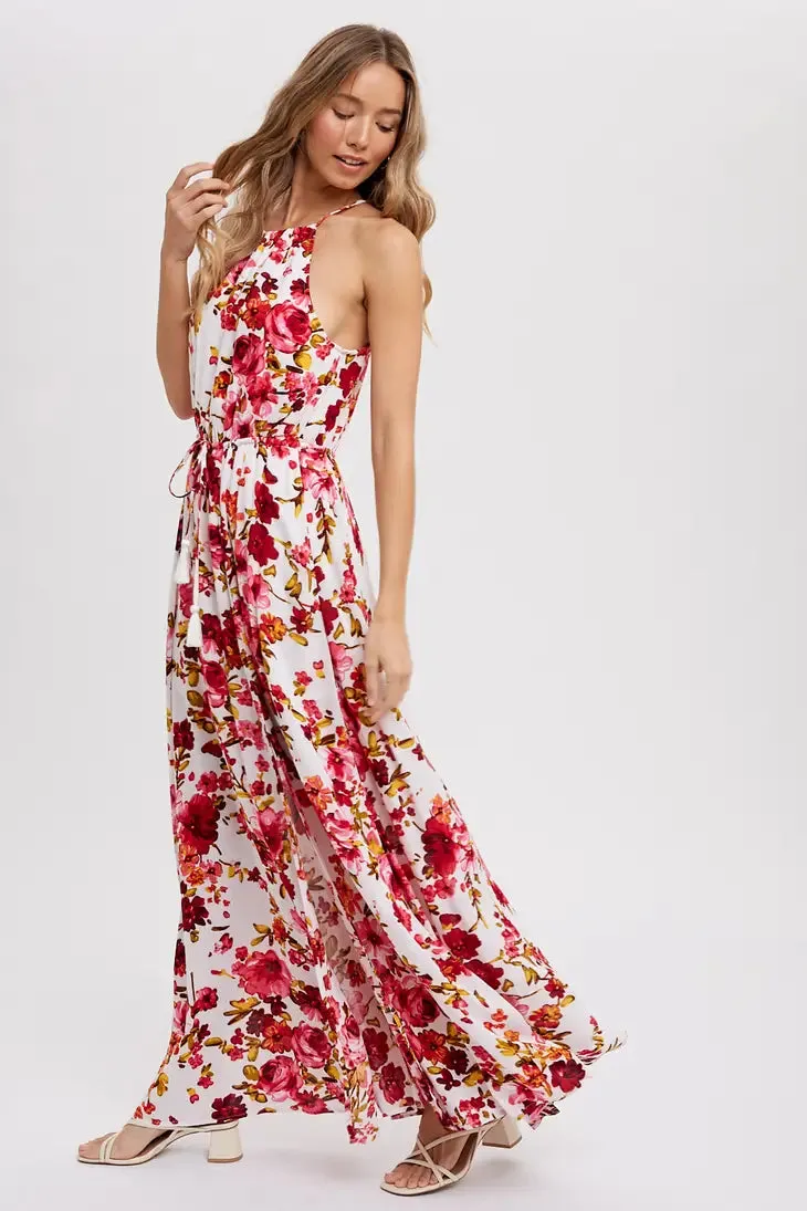 Ivory Floral Print Halter Neck Maxi Dress