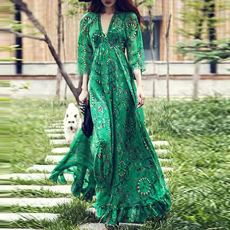 Ivyshape | Bohemian Floral Chiffon Maxi Dress for Women