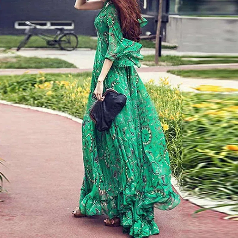 Ivyshape | Bohemian Floral Chiffon Maxi Dress for Women